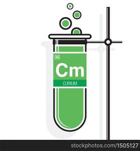 Curium symbol on label in a green test tube with holder. Element number 96 of the Periodic Table of the Elements - Chemistry