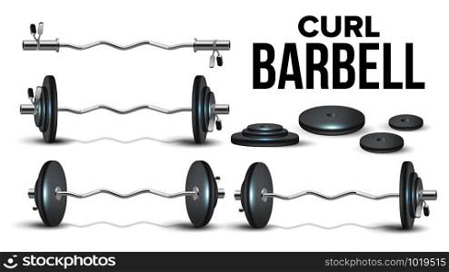 Curl Barbell Lifting Collapsible Kit Set Vector. Chrome Steel Barbell, Black Weights Plates Bodybuilder Sport Equipment Details For Strong Muscles. Powerlifting Mockup Realistic 3d Illustrations. Curl Barbell Lifting Collapsible Kit Set Vector