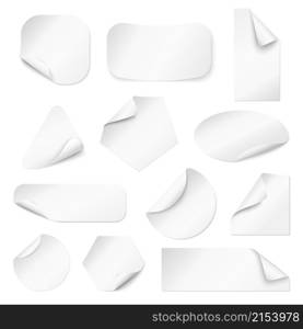 Curled corners stickers. Paper curved edge, store goods white tags. Curl labels mockup, round square, rectangle blank sticky sheets recent vector set. Blank paper sticker with corner curl illustration. Curled corners stickers. Paper curved edge, store goods white tags. Curl labels mockup, round square, rectangle blank sticky sheets recent vector set