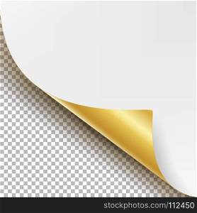 Curled Golden Metalic Corner Vector. White Paper with Shadow Mock up Close up Isolated on Transparent Background. Curled Silver Metalic Corner Realistic Vector Illustration