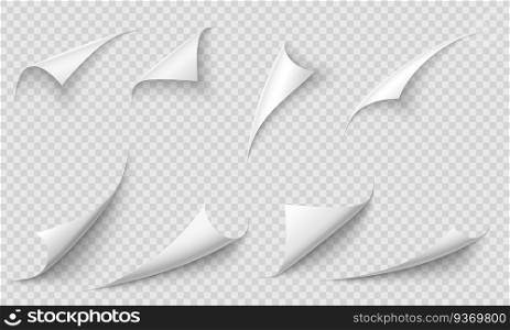 Curled page corner. Paper edges, curve pages corners and papers curls with realistic shadow. Flipping book page, blank curling papers corner. Isolated 3d vector illustration signs set. Curled page corner. Paper edges, curve pages corners and papers curls with realistic shadow vector illustration set