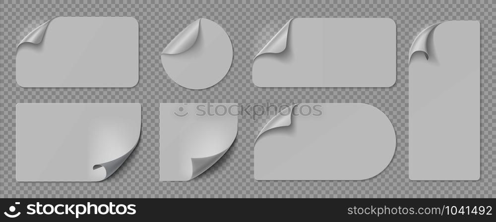 Curled pages and stickers. Round, square and rectangle flipped paper page, sticky banners with curled edges. Vector isolated illustration set blank template peel labels on transparent background. Curled pages and stickers. Round and rectangle flipped paper page, sticky banners with curled edges. Vector isolated set