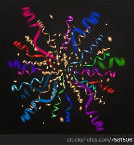 Curled ribbons serpentine explosion realistic composition with colourful images of decorative party ribbons on black background vector illustration