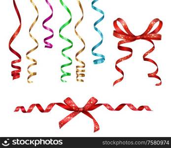 Curled ribbons serpentine with glitters realistic collection on blank background with isolated images of party decorations vector illustration