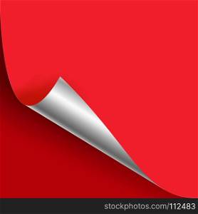 Curled Silver Metalic Corner Vector. Red Paper with Shadow Mock up Close up On Red Backdound. Curled Silver Metalic Corner Realistic Vector Illustration