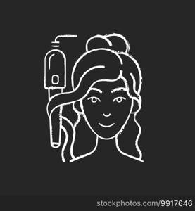 Curling iron chalk white icon on black background. Hair tong. Changing hair structure using heat. Styling tool. Straightening iron. Hairstyling appliance. Isolated vector chalkboard illustration. Curling iron chalk white icon on black background