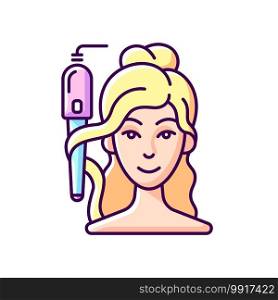 Curling iron RGB color icon. Hair tong. Changing hair structure using heat. Styling tool. Straightening iron. Hairstyling appliance. Wrapping hair around round tool. Isolated vector illustration. Curling iron RGB color icon