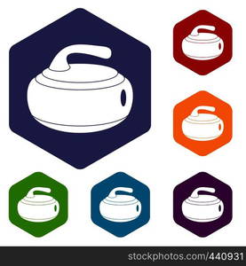 Curling stone icons set hexagon isolated vector illustration. Curling stone icons set hexagon