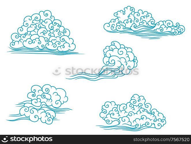 Curly clouds set in outline style for weather, decoration and meteorology design