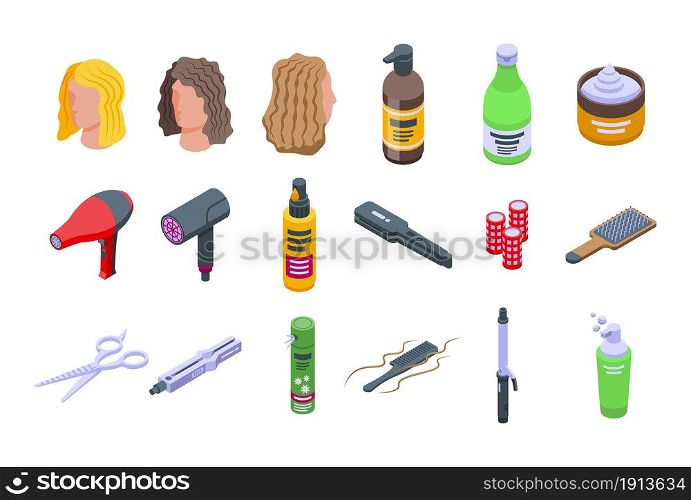 Curly hair care icons set isometric vector. Hair dandruff. Shampoo massage. Curly hair care icons set isometric vector. Hair dandruff