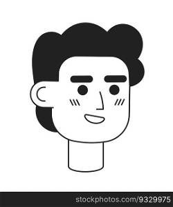 Curly hair caucasian man with bright smile monochrome flat linear character head. Casual guy. Editable outline hand drawn human face icon. 2D cartoon spot vector avatar illustration for animation. Curly hair caucasian man with bright smile monochrome flat linear character head