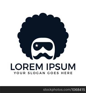 Curly hair guy with mustache and goggles logo.