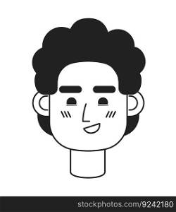 Curly haired guy smirking monochrome flat linear character head. Pleased caucasian young man. Editable outline hand drawn human face icon. 2D cartoon spot vector avatar illustration for animation. Curly haired guy smirking monochrome flat linear character head