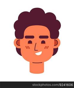 Curly haired guy smirking semi flat vector character head. Pleased caucasian young man. Editable cartoon avatar icon. Face emotion. Colorful spot illustration for web graphic design, animation. Curly haired guy smirking semi flat vector character head