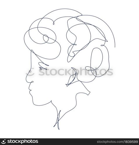 Curly Haired Man Portrait in Continuous Line Drawing. Vector Sketchy Boy Character. Outline Simple Artwork with Editable Stroke.. Curly Haired Man Portrait in Continuous Line Drawing. Sketchy Boy Character. Outline Simple Artwork with Editable Stroke. Vector Illustration.