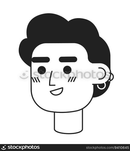 Curly haired man with earrings monochrome flat linear character head. Editable outline hand drawn human face icon. Successful entrepreneur. 2D cartoon spot vector avatar illustration for animation. Curly haired man with earrings monochrome flat linear character head
