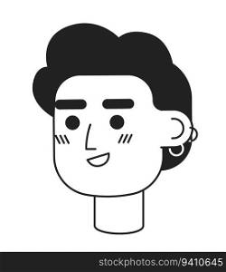Curly haired man with earrings monochrome flat linear character head. Editable outline hand drawn human face icon. Successful entrepreneur. 2D cartoon spot vector avatar illustration for animation. Curly haired man with earrings monochrome flat linear character head