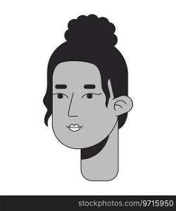 Curly high bun girl black and white 2D li≠cartoon character head. African american young woman with top knot bun isolated vector outli≠person face. Fema≤monochromatic flat spot illustration. Curly high bun girl black and white 2D li≠cartoon character head