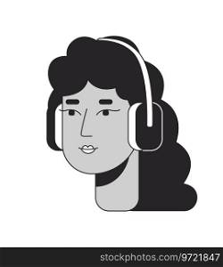 Curly hispanic woman headphones black and white 2D line cartoon character head. Latina wavy hair isolated vector outline person face. Enjoying music mexican girl monochromatic flat spot illustration. Curly hispanic woman headphones black and white 2D line cartoon character head