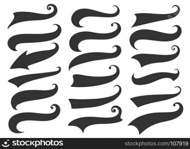 Curly swish tails for retro banners. Swash and swoosh. Curly swish tails and sporty plume swirl logo vector elements for retro banners