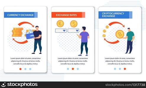 Currency and Cryptocurrency Exchange, Rate Tracking Mobile Service. Virtual Cash Financial Transaction. Webpage Banner Flat Set. Cartoon People Changing Money and Bitcoins. Vector Illustration. Currency Cryptocurrency Exchange Mobile App Set