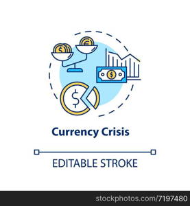 Currency, crisis concept icon. National economic issue, financial emergency idea thin line illustration. Money exchange rate devaluation. Vector isolated outline RGB color drawing. Editable stroke