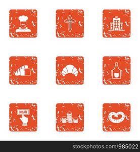 Currency donation icons set. Grunge set of 9 currency donation vector icons for web isolated on white background. Currency donation icons set, grunge style