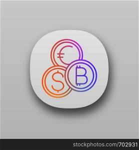 Currency exchange app icon. UI/UX user interface. Cryptocurrency. Bitcoin, US dollar and euro exchange. Blockchain. Web or mobile application. Vector isolated illustration. Currency exchange app icon