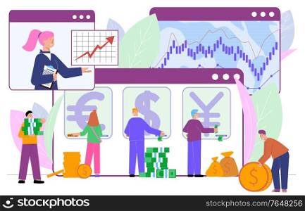 Currency exchange bank flat composition with human characters cash and computer windows with conversion rate diagrams vector illustration