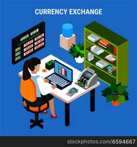 Currency exchange banking office isometric composition with employee at work place with professional equipment vector illustration  . Currency Exchange Banking Isometric Composition