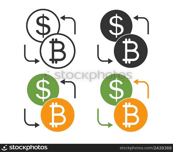 Currency exchange bitcoin and dollar icon. Convert money illustration symbol. Sign swap coins vector.