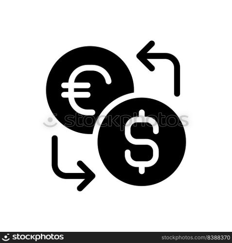 Currency exchange black glyph icon. Foreign cash. Currency converter. Global trade market. Spend money in new country. Silhouette symbol on white space. Solid pictogram. Vector isolated illustration. Currency exchange black glyph icon