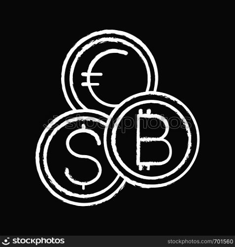 Currency exchange chalk icon. Cryptocurrency. Bitcoin, US dollar and euro exchange. Blockchain. Isolated vector illustration. Currency exchange chalk icon