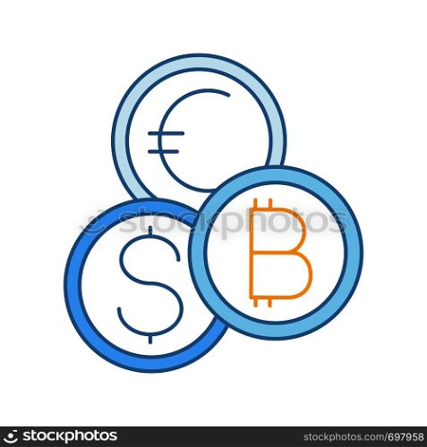 Currency exchange color icon. Cryptocurrency. Bitcoin, US dollar and euro exchange. Blockchain. Isolated vector illustration. Currency exchange color icon