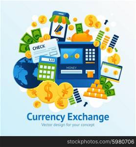 Currency exchange concept with financial market symbols set vector illustration. Currency Exchange Illustration