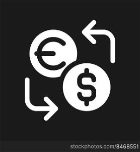 Currency exchange dark mode glyph ui icon. Money value. Foreign currency. User interface design. White silhouette symbol on black space. Solid pictogram for web, mobile. Vector isolated illustration. Currency exchange dark mode glyph ui icon