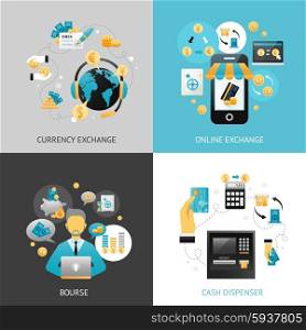 Currency Exchange Design Concept. Currency exchange design concept set with online payment flat icons isolated vector illustration