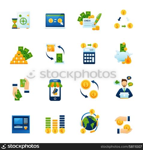 Currency exchange flat icons set. Remote foreign currency paying and exchange with internet computer banking system flat icons set abstract vector illustration