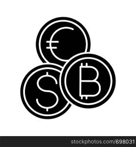Currency exchange glyph icon. Silhouette symbol. Cryptocurrency. Bitcoin, US dollar and euro exchange. Blockchain. Negative space. Vector isolated illustration. Currency exchange glyph icon