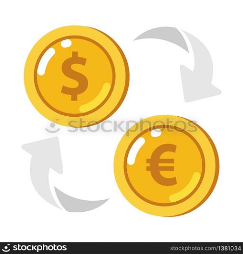 Currency exchange icon. Coin with dollar, euro sign. Dollar to euro exchange. Vector stock.