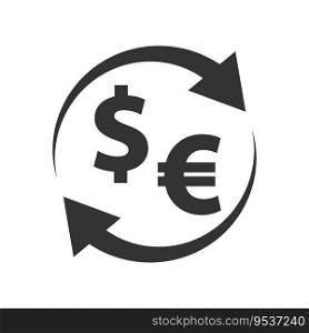 Currency exchange icon. Money conversion symbol. Dollar and euro sign with arrows. Flat vector illustration.
