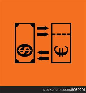 Currency exchange icon. Orange background with black. Vector illustration.