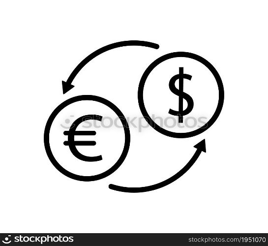 Currency exchange icon. Transfer money from dollar to euro. Logo for convert of currency in bank. Flat symbol with arrow. Black sign of exchange. Vector.. Currency exchange icon. Transfer money from dollar to euro. Logo for convert of currency in bank. Flat symbol with arrow. Black sign of exchange. Vector
