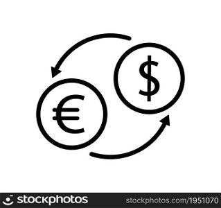 Currency exchange icon. Transfer money from dollar to euro. Logo for convert of currency in bank. Flat symbol with arrow. Black sign of exchange. Vector.. Currency exchange icon. Transfer money from dollar to euro. Logo for convert of currency in bank. Flat symbol with arrow. Black sign of exchange. Vector