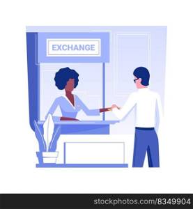 Currency exchange isolated concept vector illustration. Brick and mortar bank worker gives money to the client, cash deposit and withdrawal, currency exchange, remittance idea vector concept.. Currency exchange isolated concept vector illustration.