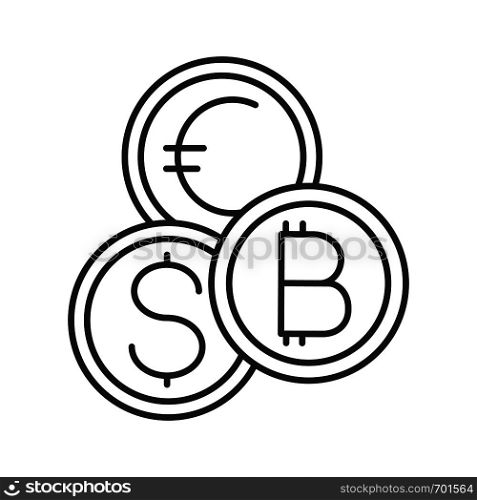 Currency exchange linear icon. Cryptocurrency. Bitcoin, US dollar and euro exchange. Thin line illustration. Blockchain. Contour symbol. Vector isolated outline drawing. Editable stroke. Currency exchange linear icon
