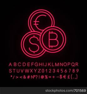 Currency exchange neon light icon. Cryptocurrency. Bitcoin, US dollar and euro exchange. Blockchain. Glowing sign with alphabet, numbers and symbols. Vector isolated illustration. Currency exchange neon light icon