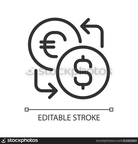 Currency exchange pixel perfect linear icon. Foreign cash. Currency converter. Global trade market. Thin line illustration. Contour symbol. Vector outline drawing. Editable stroke. Arial font used. Currency exchange pixel perfect linear icon