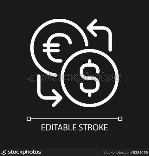 Currency exchange pixel perfect white linear icon for dark theme. Foreign cash. Currency converter. Thin line illustration. Isolated symbol for night mode. Editable stroke. Arial font used. Currency exchange pixel perfect white linear icon for dark theme