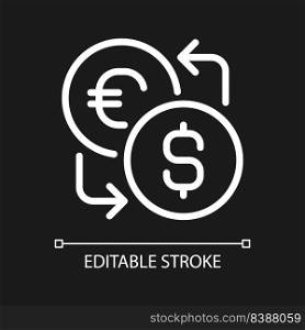 Currency exchange pixel perfect white linear icon for dark theme. Foreign cash. Currency converter. Thin line illustration. Isolated symbol for night mode. Editable stroke. Arial font used. Currency exchange pixel perfect white linear icon for dark theme
